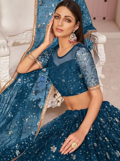 Amazing Blue Sequins Embroidered Net Lehenga Choli